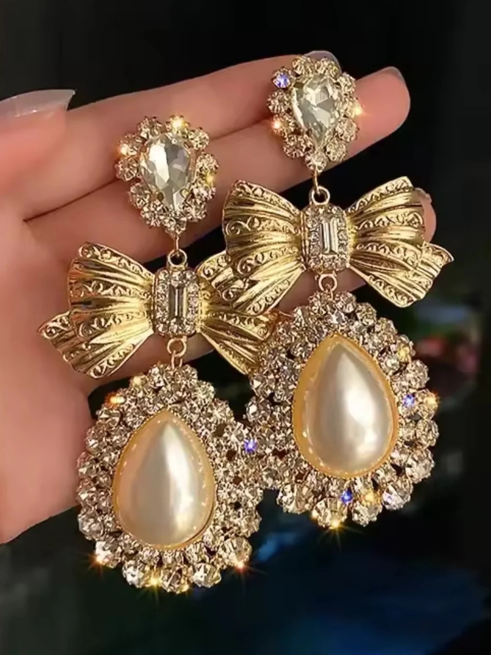Gold Bow Pearl Drop Earrings with Clear Crystals